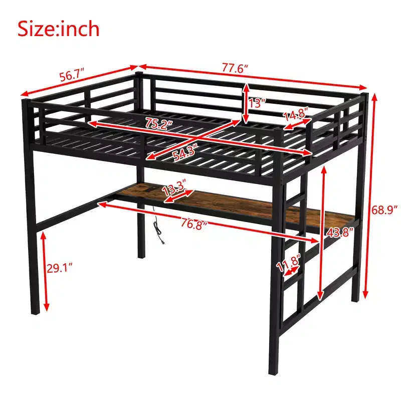 Lit mezzanine en métal Twin XL/Full avec prise de courant et lumières LED, bureau peu encombrant et design à réduction de bruit, noir - Certifié CPC