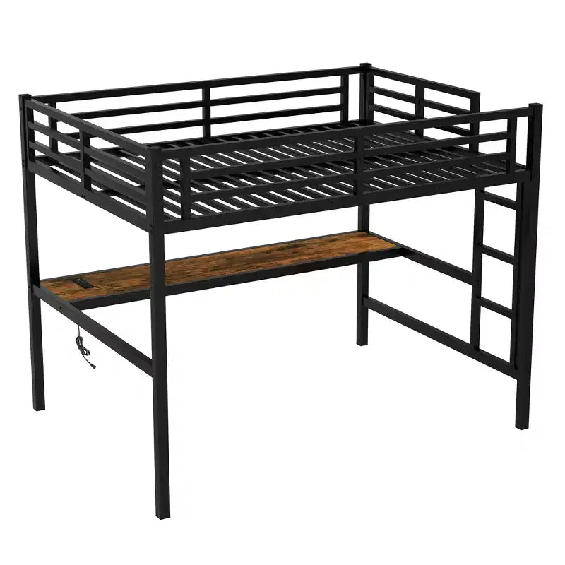 Lit mezzanine en métal Twin XL/Full avec prise de courant et lumières LED, bureau peu encombrant et design à réduction de bruit, noir - Certifié CPC