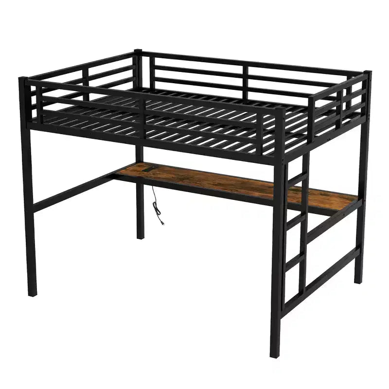 Lit mezzanine en métal Twin XL/Full avec prise de courant et lumières LED, bureau peu encombrant et design à réduction de bruit, noir - Certifié CPC