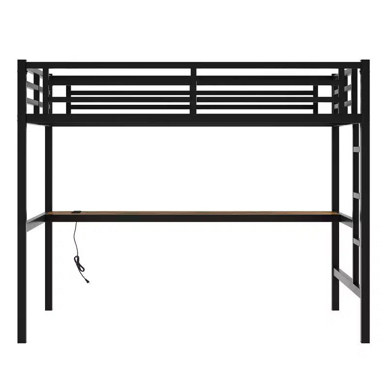 Lit mezzanine en métal Twin XL/Full avec prise de courant et lumières LED, bureau peu encombrant et design à réduction de bruit, noir - Certifié CPC