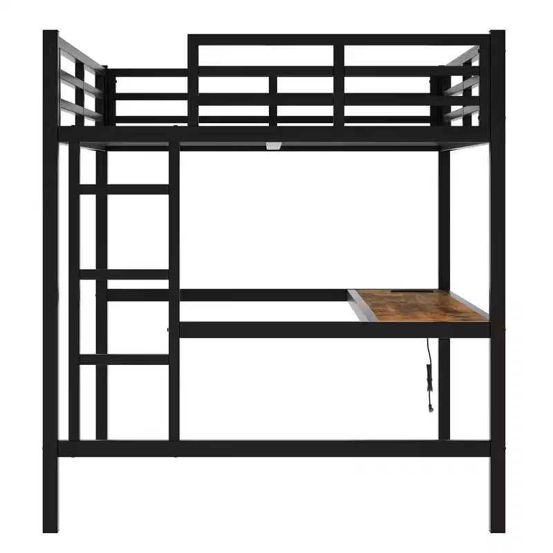 Lit mezzanine en métal Twin XL/Full avec prise de courant et lumières LED, bureau peu encombrant et design à réduction de bruit, noir - Certifié CPC