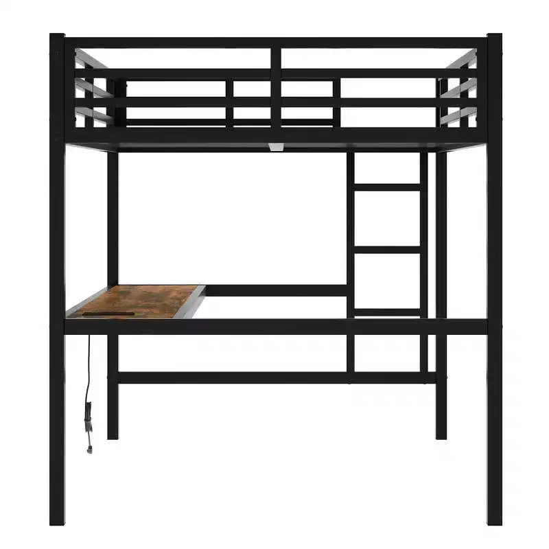 Lit mezzanine en métal Twin XL/Full avec prise de courant et lumières LED, bureau peu encombrant et design à réduction de bruit, noir - Certifié CPC