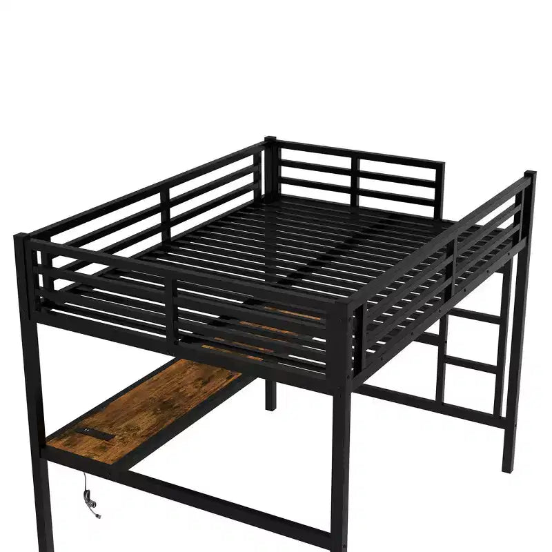 Lit mezzanine en métal Twin XL/Full avec prise de courant et lumières LED, bureau peu encombrant et design à réduction de bruit, noir - Certifié CPC