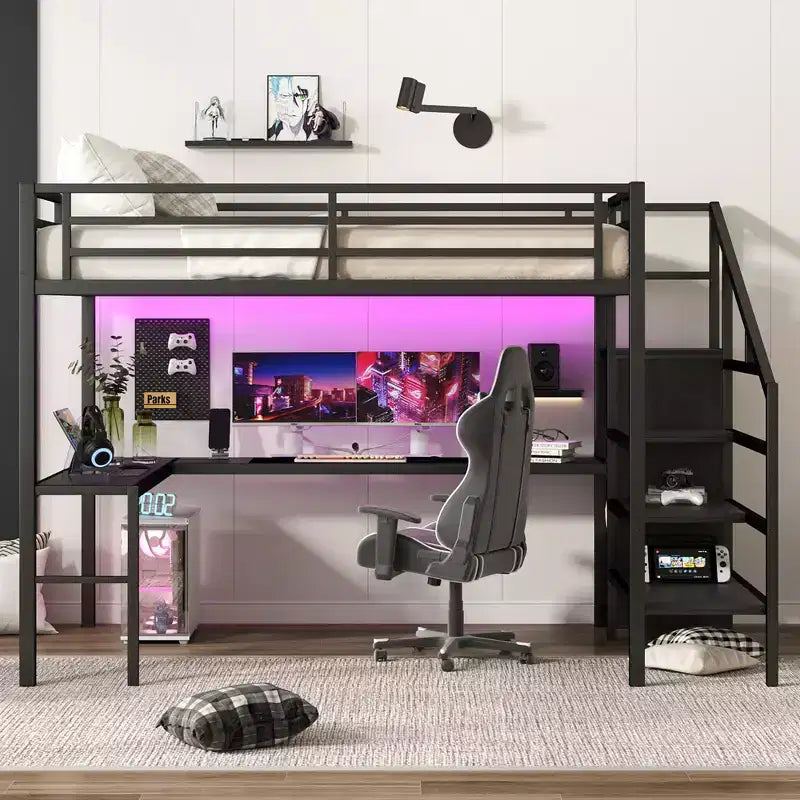 Lit mezzanine double/grand format en métal avec bureau en L et port USB, cadre de lit mezzanine avec armoire, étagère réglable et lumières LED, noir/blanc cassé