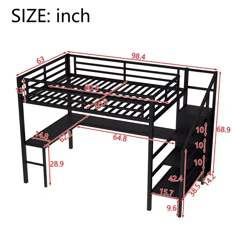 Lit mezzanine double/grand format en métal avec bureau en L et port USB, cadre de lit mezzanine avec armoire, étagère réglable et lumières LED, noir/blanc cassé