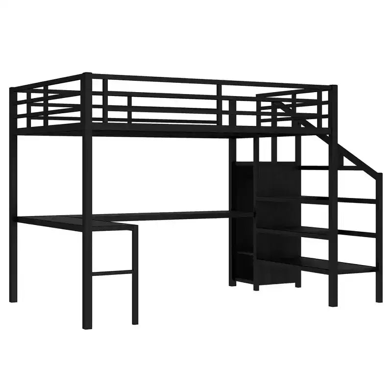 Lit mezzanine double/grand format en métal avec bureau en L et port USB, cadre de lit mezzanine avec armoire, étagère réglable et lumières LED, noir/blanc cassé