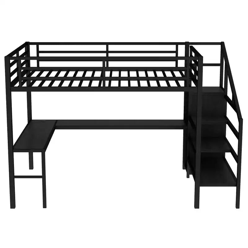Lit mezzanine double/grand format en métal avec bureau en L et port USB, cadre de lit mezzanine avec armoire, étagère réglable et lumières LED, noir/blanc cassé