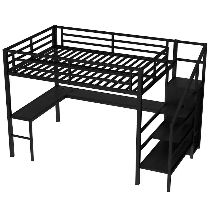 Lit mezzanine double/grand format en métal avec bureau en L et port USB, cadre de lit mezzanine avec armoire, étagère réglable et lumières LED, noir/blanc cassé