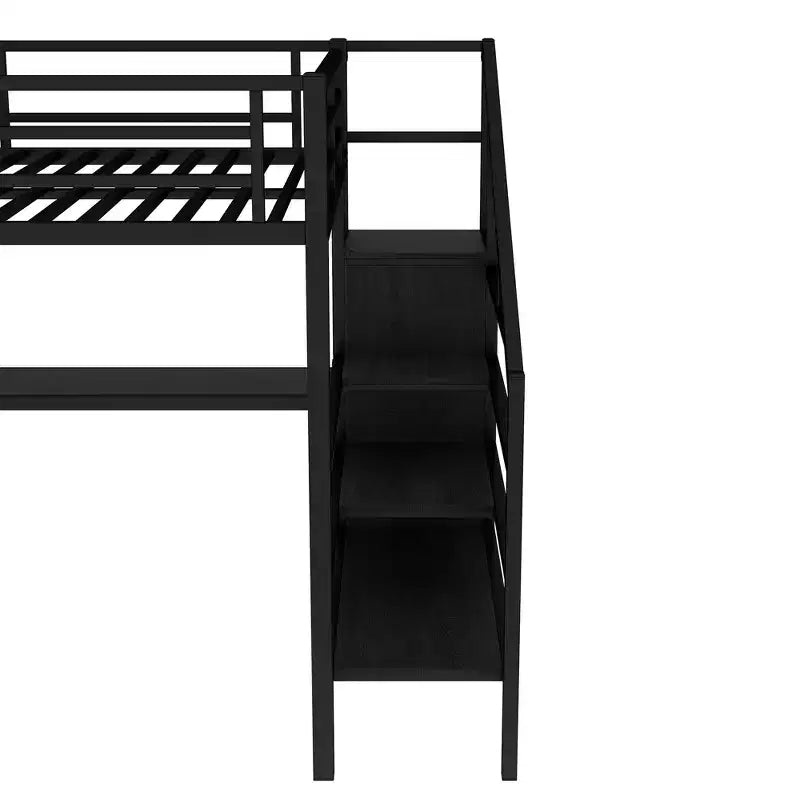 Lit mezzanine double/grand format en métal avec bureau en L et port USB, cadre de lit mezzanine avec armoire, étagère réglable et lumières LED, noir/blanc cassé