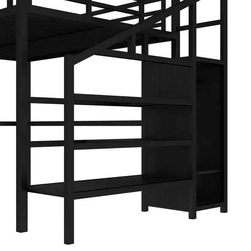 Lit mezzanine double/grand format en métal avec bureau en L et port USB, cadre de lit mezzanine avec armoire, étagère réglable et lumières LED, noir/blanc cassé