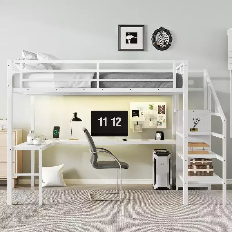 Lit mezzanine double/grand format en métal avec bureau en L et port USB, cadre de lit mezzanine avec armoire, étagère réglable et lumières LED, noir/blanc cassé