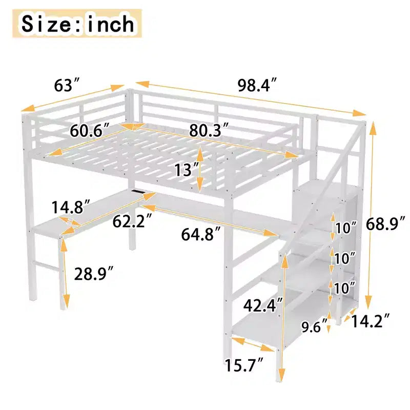Lit mezzanine double/grand format en métal avec bureau en L et port USB, cadre de lit mezzanine avec armoire, étagère réglable et lumières LED, noir/blanc cassé