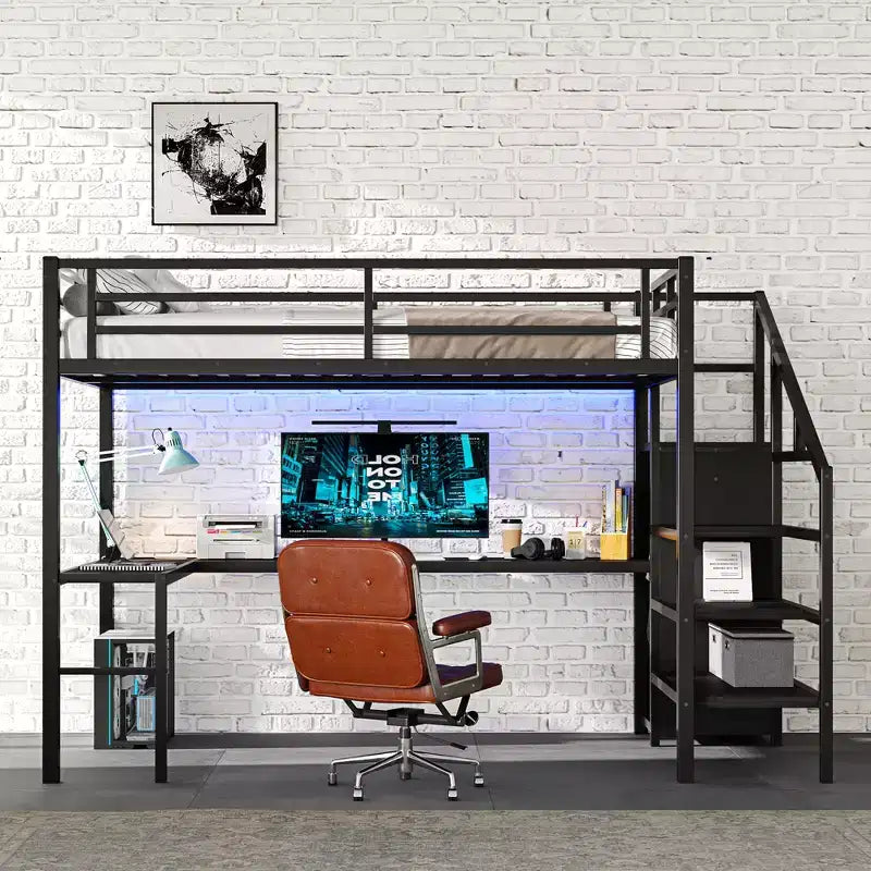 Lit mezzanine double/grand format en métal avec bureau en L et port USB, cadre de lit mezzanine avec armoire, étagère réglable et lumières LED, noir/blanc cassé