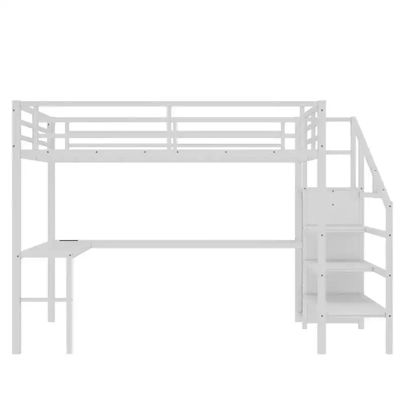 Lit mezzanine double/grand format en métal avec bureau en L et port USB, cadre de lit mezzanine avec armoire, étagère réglable et lumières LED, noir/blanc cassé
