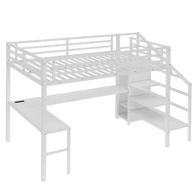 Lit mezzanine double/grand format en métal avec bureau en L et port USB, cadre de lit mezzanine avec armoire, étagère réglable et lumières LED, noir/blanc cassé