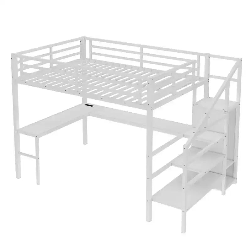 Lit mezzanine double/grand format en métal avec bureau en L et port USB, cadre de lit mezzanine avec armoire, étagère réglable et lumières LED, noir/blanc cassé