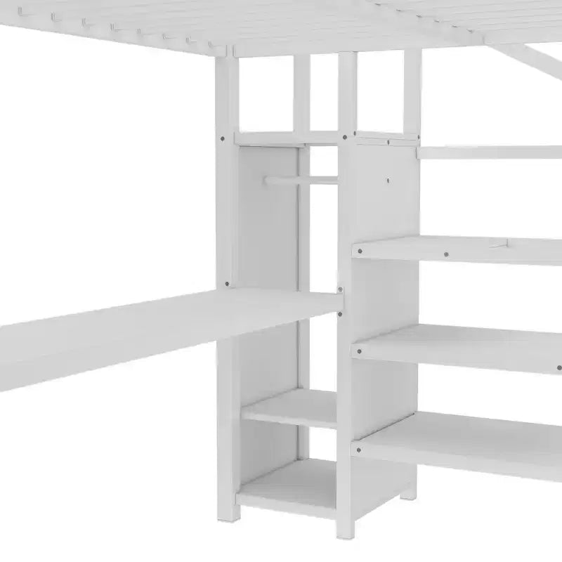 Lit mezzanine double/grand format en métal avec bureau en L et port USB, cadre de lit mezzanine avec armoire, étagère réglable et lumières LED, noir/blanc cassé