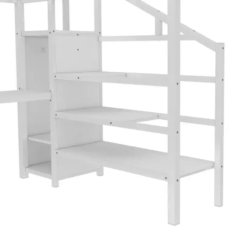 Lit mezzanine double/grand format en métal avec bureau en L et port USB, cadre de lit mezzanine avec armoire, étagère réglable et lumières LED, noir/blanc cassé
