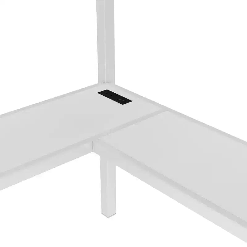 Lit mezzanine double/grand format en métal avec bureau en L et port USB, cadre de lit mezzanine avec armoire, étagère réglable et lumières LED, noir/blanc cassé