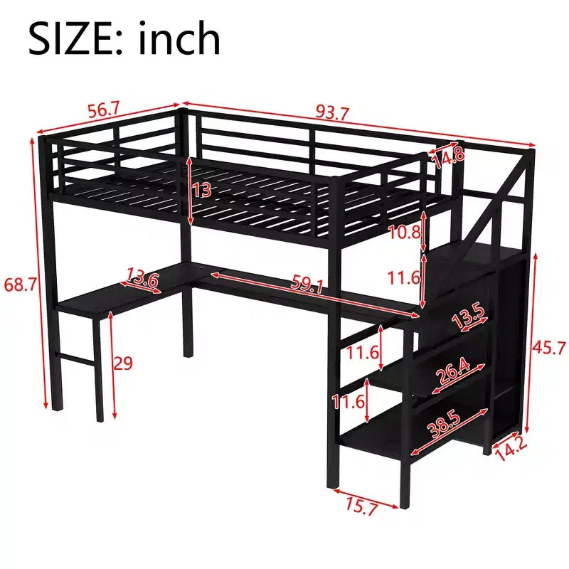Lit mezzanine double/grand format en métal avec bureau en L et port USB, cadre de lit mezzanine avec armoire, étagère réglable et lumières LED, noir/blanc cassé