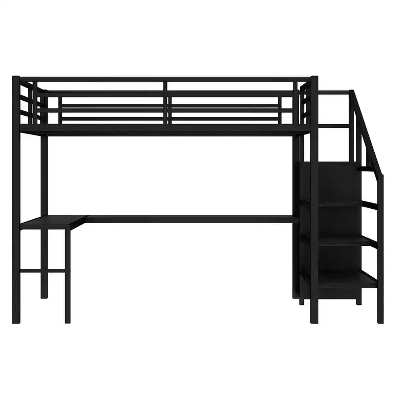 Lit mezzanine double/grand format en métal avec bureau en L et port USB, cadre de lit mezzanine avec armoire, étagère réglable et lumières LED, noir/blanc cassé