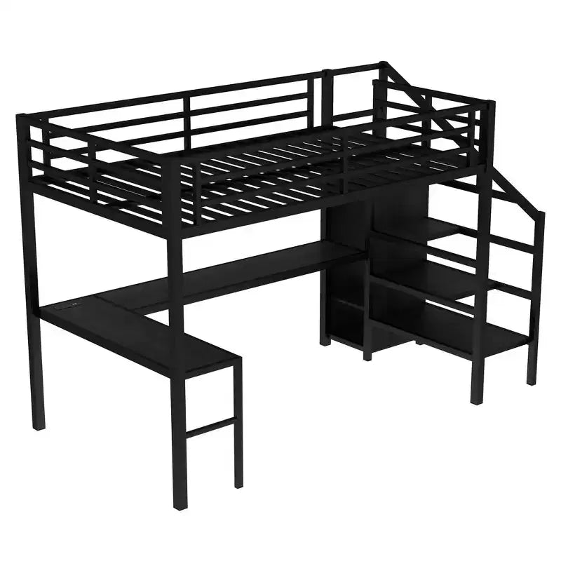 Lit mezzanine double/grand format en métal avec bureau en L et port USB, cadre de lit mezzanine avec armoire, étagère réglable et lumières LED, noir/blanc cassé