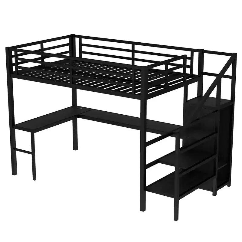 Lit mezzanine double/grand format en métal avec bureau en L et port USB, cadre de lit mezzanine avec armoire, étagère réglable et lumières LED, noir/blanc cassé