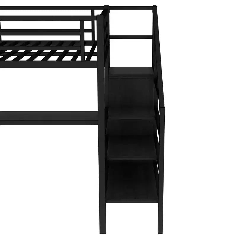 Lit mezzanine double/grand format en métal avec bureau en L et port USB, cadre de lit mezzanine avec armoire, étagère réglable et lumières LED, noir/blanc cassé