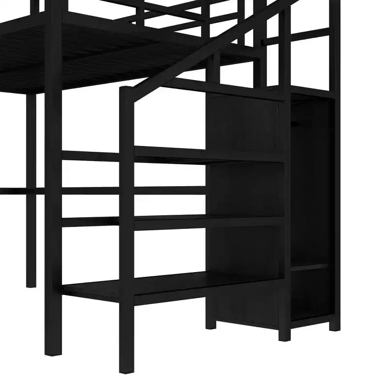 Lit mezzanine double/grand format en métal avec bureau en L et port USB, cadre de lit mezzanine avec armoire, étagère réglable et lumières LED, noir/blanc cassé