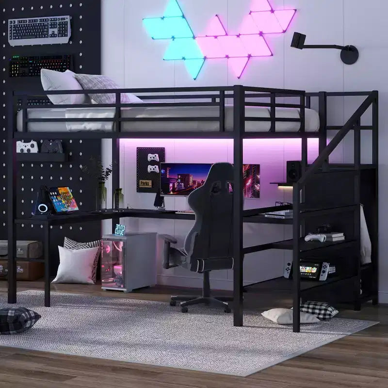 Lit mezzanine double/grand format en métal avec bureau en L et port USB, cadre de lit mezzanine avec armoire, étagère réglable et lumières LED, noir/blanc cassé