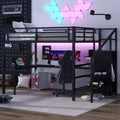 Lit mezzanine double/grand format en métal avec bureau en L et port USB, cadre de lit mezzanine avec armoire, étagère réglable et lumières LED, noir/blanc cassé
