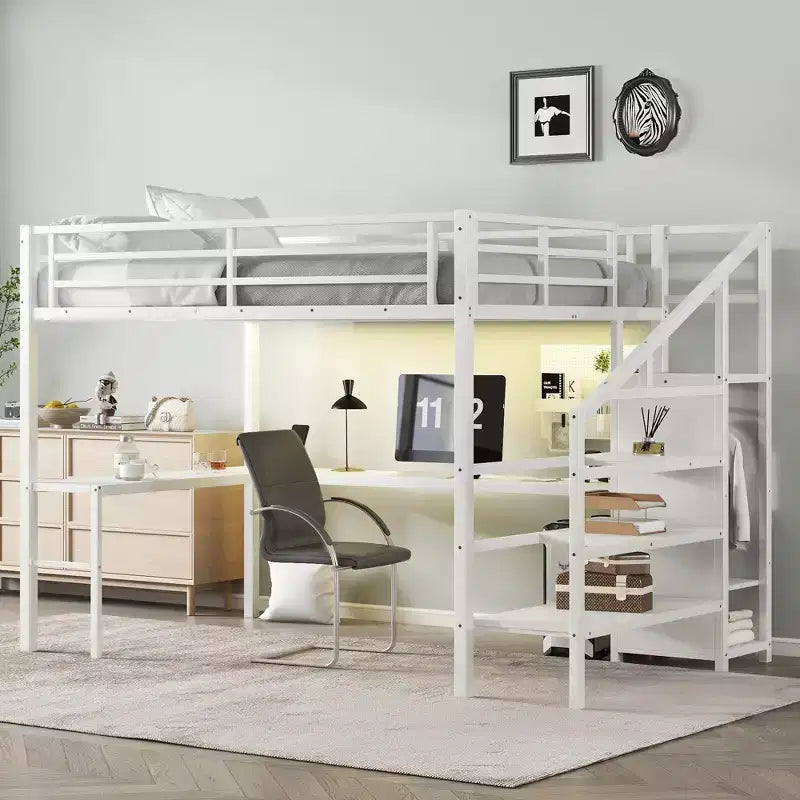 Lit mezzanine double/grand format en métal avec bureau en L et port USB, cadre de lit mezzanine avec armoire, étagère réglable et lumières LED, noir/blanc cassé