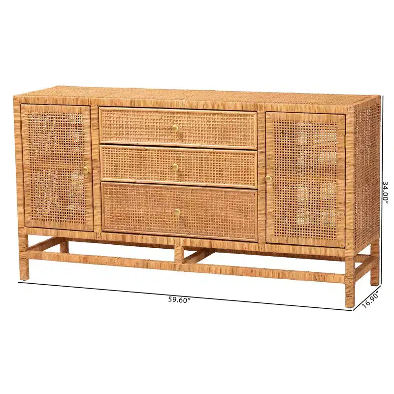 Cabinet de rangement bohème à 3 tiroirs en rotin et bois d'acajou