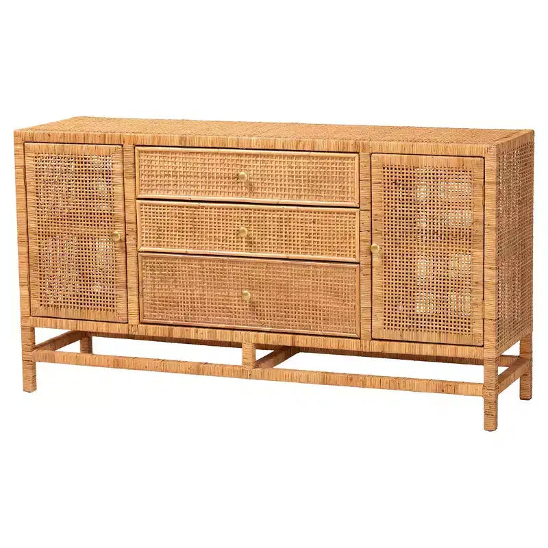 Cabinet de rangement bohème à 3 tiroirs en rotin et bois d'acajou