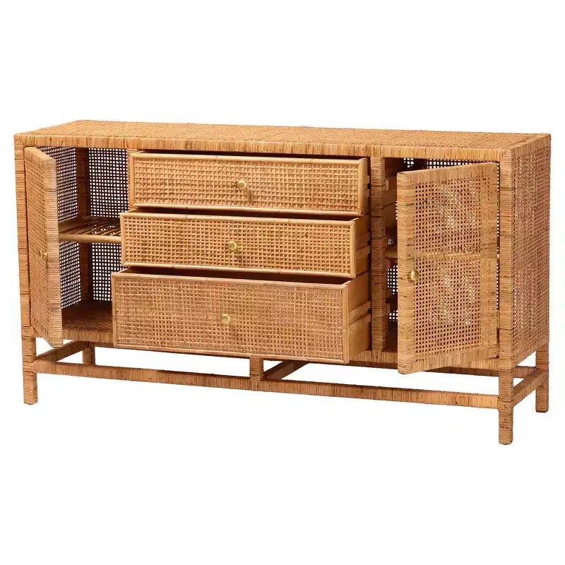 Cabinet de rangement bohème à 3 tiroirs en rotin et bois d'acajou