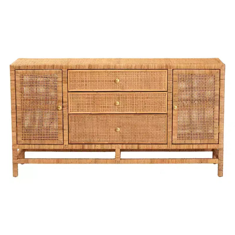 Cabinet de rangement bohème à 3 tiroirs en rotin et bois d'acajou
