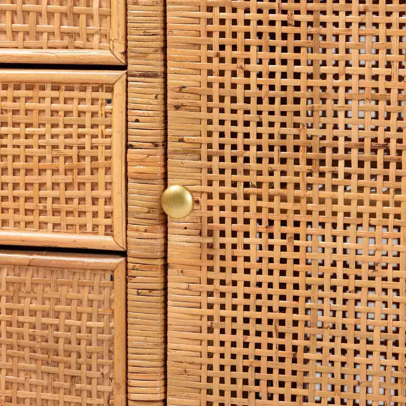 Cabinet de rangement bohème à 3 tiroirs en rotin et bois d'acajou