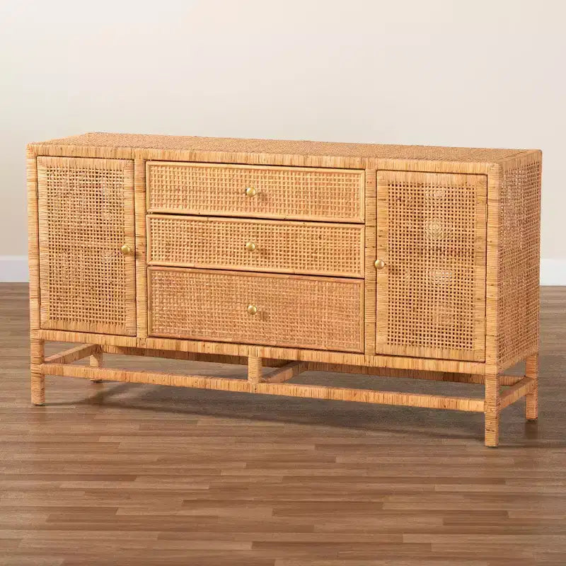 Cabinet de rangement bohème à 3 tiroirs en rotin et bois d'acajou