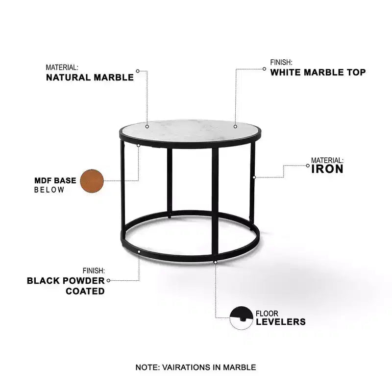 Table d'appoint, plateau rond en marbre moderne, cadre en fer classique