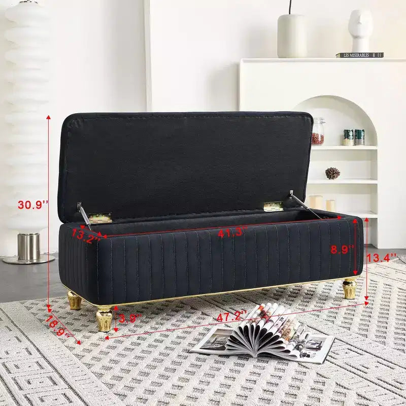 Banc Ottoman de Luxe Moderne à Rabat Profond avec Boutons, Décor Doré et Pieds en Métal, Banc de Rangement Rembourré pour Salon, Chambre