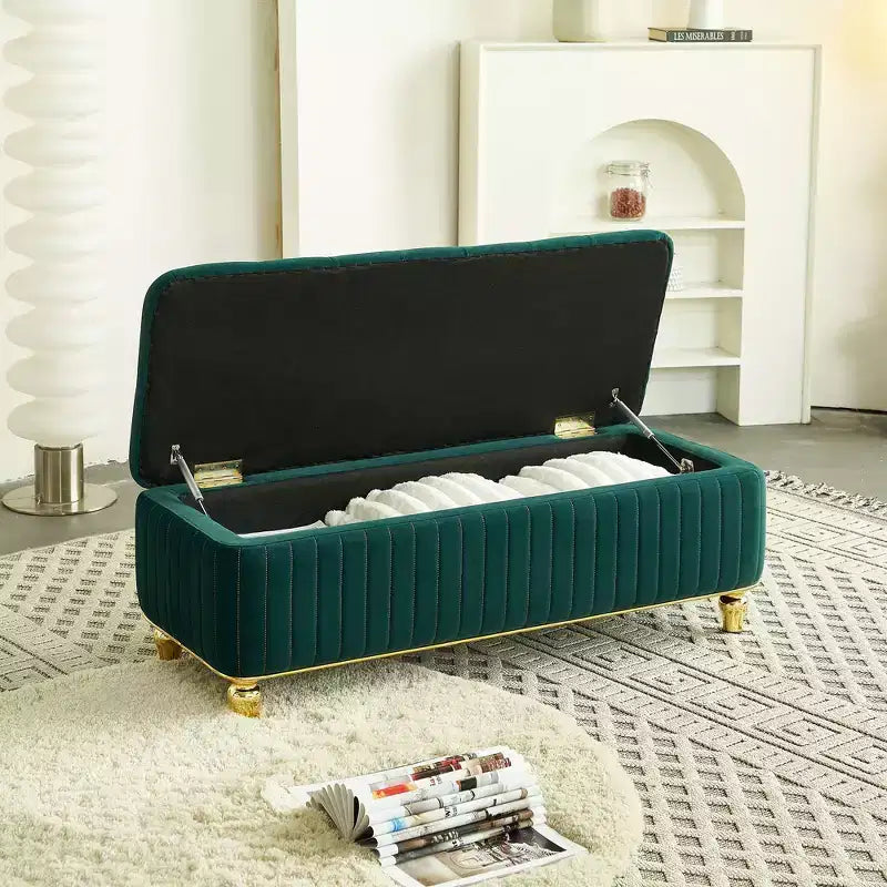 Banc Ottoman de Luxe Moderne à Rabat Profond avec Boutons, Décor Doré et Pieds en Métal, Banc de Rangement Rembourré pour Salon, Chambre