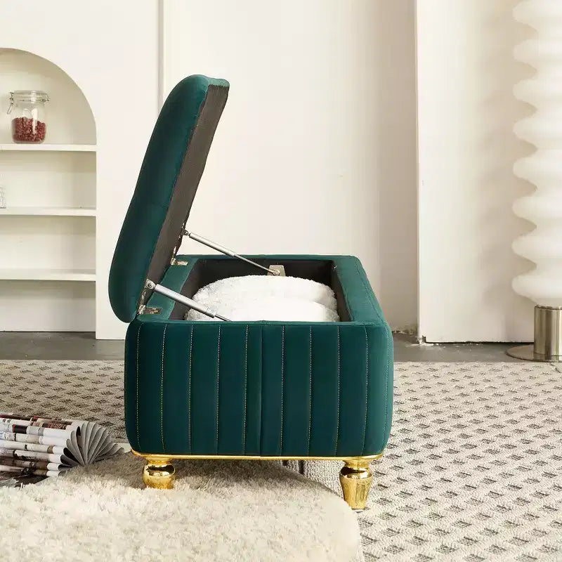 Banc Ottoman de Luxe Moderne à Rabat Profond avec Boutons, Décor Doré et Pieds en Métal, Banc de Rangement Rembourré pour Salon, Chambre