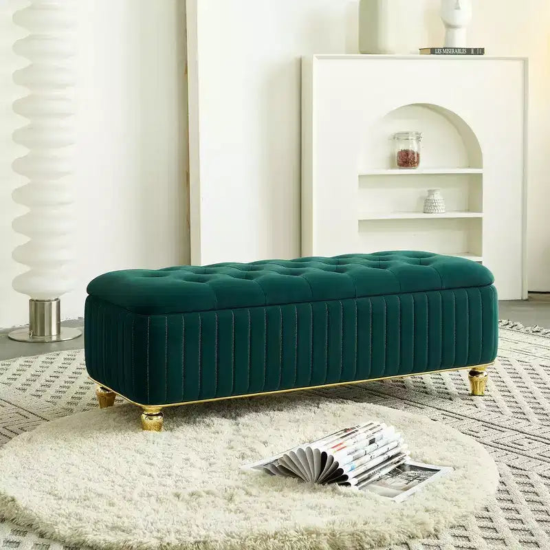 Banc Ottoman de Luxe Moderne à Rabat Profond avec Boutons, Décor Doré et Pieds en Métal, Banc de Rangement Rembourré pour Salon, Chambre