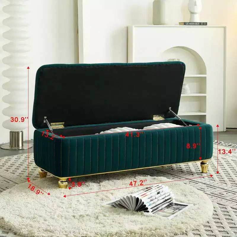 Banc Ottoman de Luxe Moderne à Rabat Profond avec Boutons, Décor Doré et Pieds en Métal, Banc de Rangement Rembourré pour Salon, Chambre