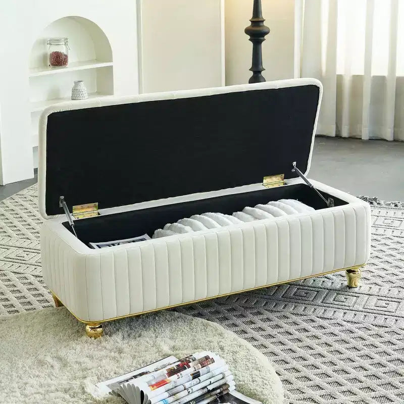 Banc Ottoman de Luxe Moderne à Rabat Profond avec Boutons, Décor Doré et Pieds en Métal, Banc de Rangement Rembourré pour Salon, Chambre