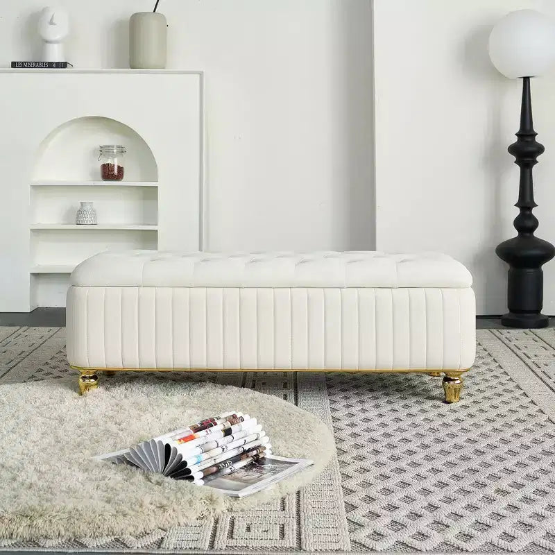 Banc Ottoman de Luxe Moderne à Rabat Profond avec Boutons, Décor Doré et Pieds en Métal, Banc de Rangement Rembourré pour Salon, Chambre
