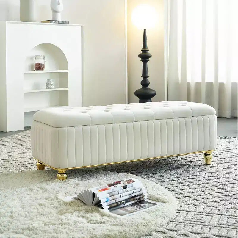 Banc Ottoman de Luxe Moderne à Rabat Profond avec Boutons, Décor Doré et Pieds en Métal, Banc de Rangement Rembourré pour Salon, Chambre