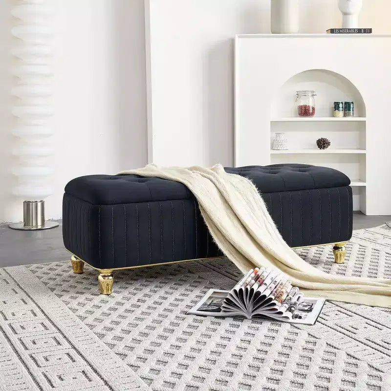 Banc Ottoman de Luxe Moderne à Rabat Profond avec Boutons, Décor Doré et Pieds en Métal, Banc de Rangement Rembourré pour Salon, Chambre