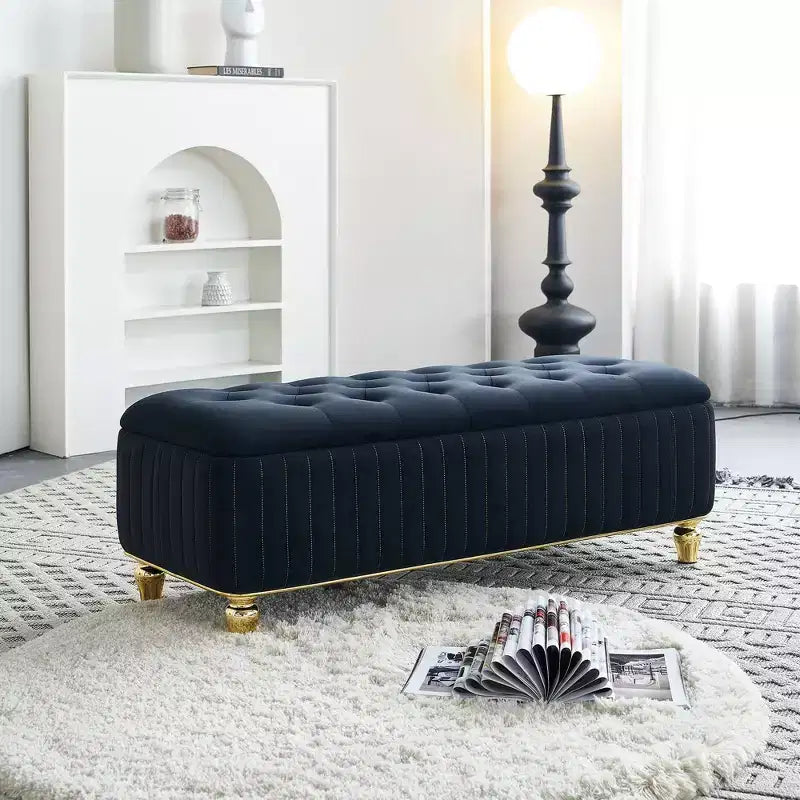 Banc Ottoman de Luxe Moderne à Rabat Profond avec Boutons, Décor Doré et Pieds en Métal, Banc de Rangement Rembourré pour Salon, Chambre