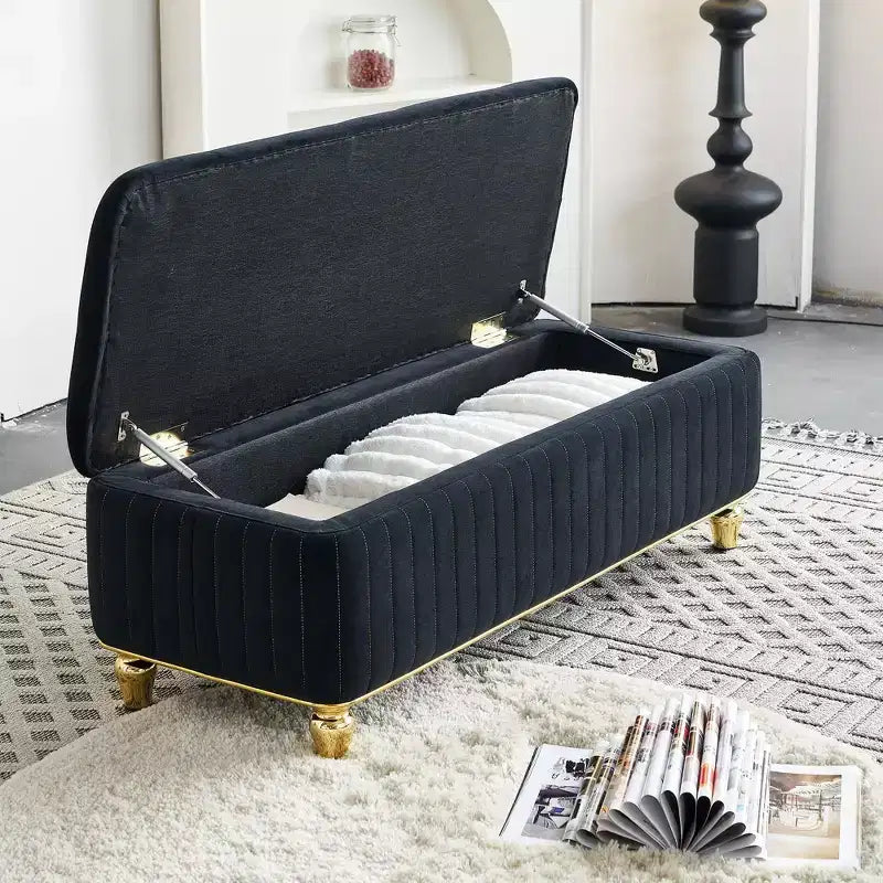 Banc Ottoman de Luxe Moderne à Rabat Profond avec Boutons, Décor Doré et Pieds en Métal, Banc de Rangement Rembourré pour Salon, Chambre